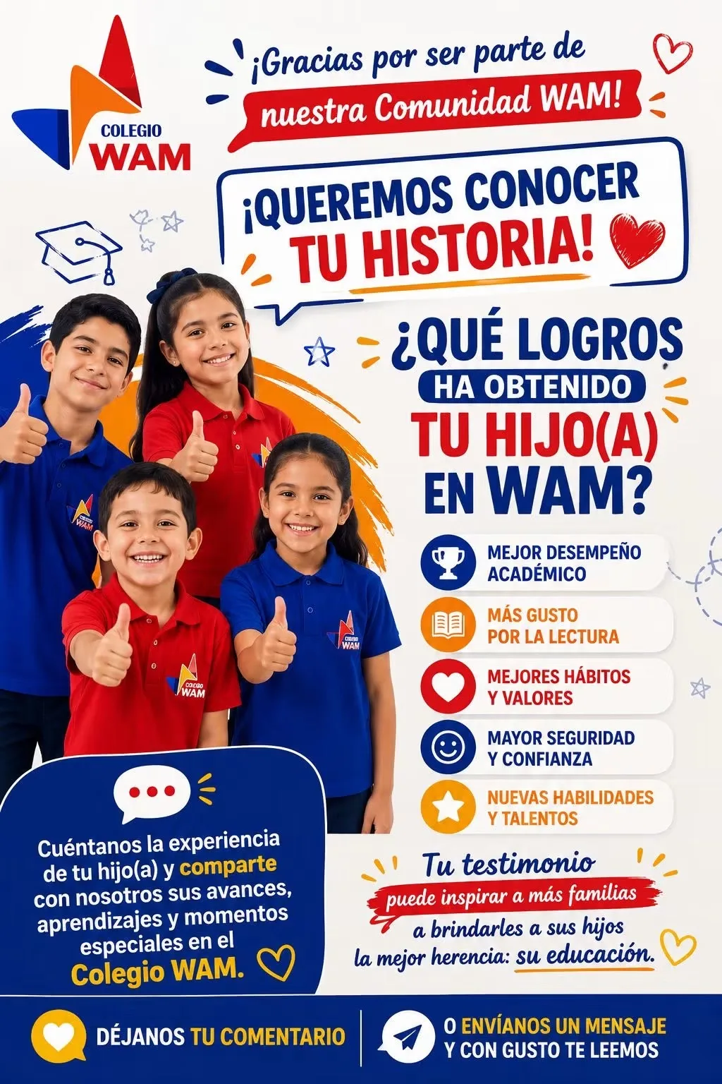 Invitación de Colegio WAM a compartir historias y logros